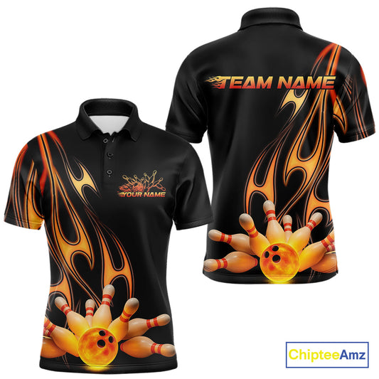 Custom Flame Bowling Team Polo Shirts For Men, Bowling Tournament Team Outfit IPHW9287