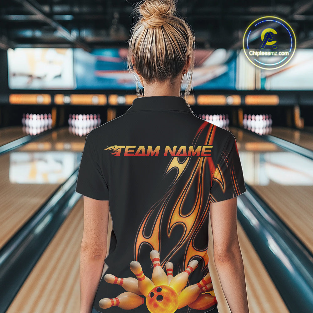 Custom Flame Bowling Team Quarter-Zip Shirts For Women, Bowling Tournament Team Outfit IPHW9287
