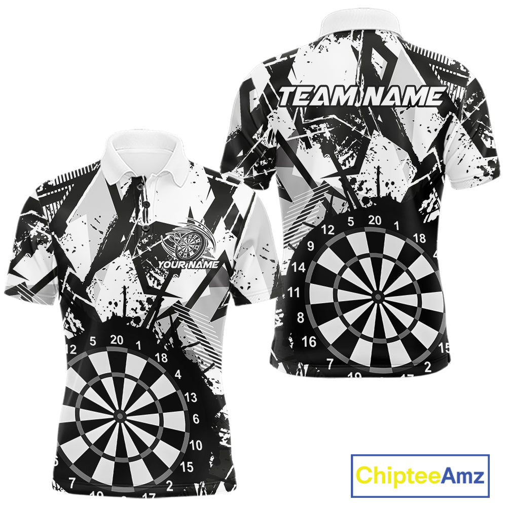 Custom Grunge Splatter Black And White Dartboard Dart Team Men Polo Shirts, Dart Jerseys IPHW9970