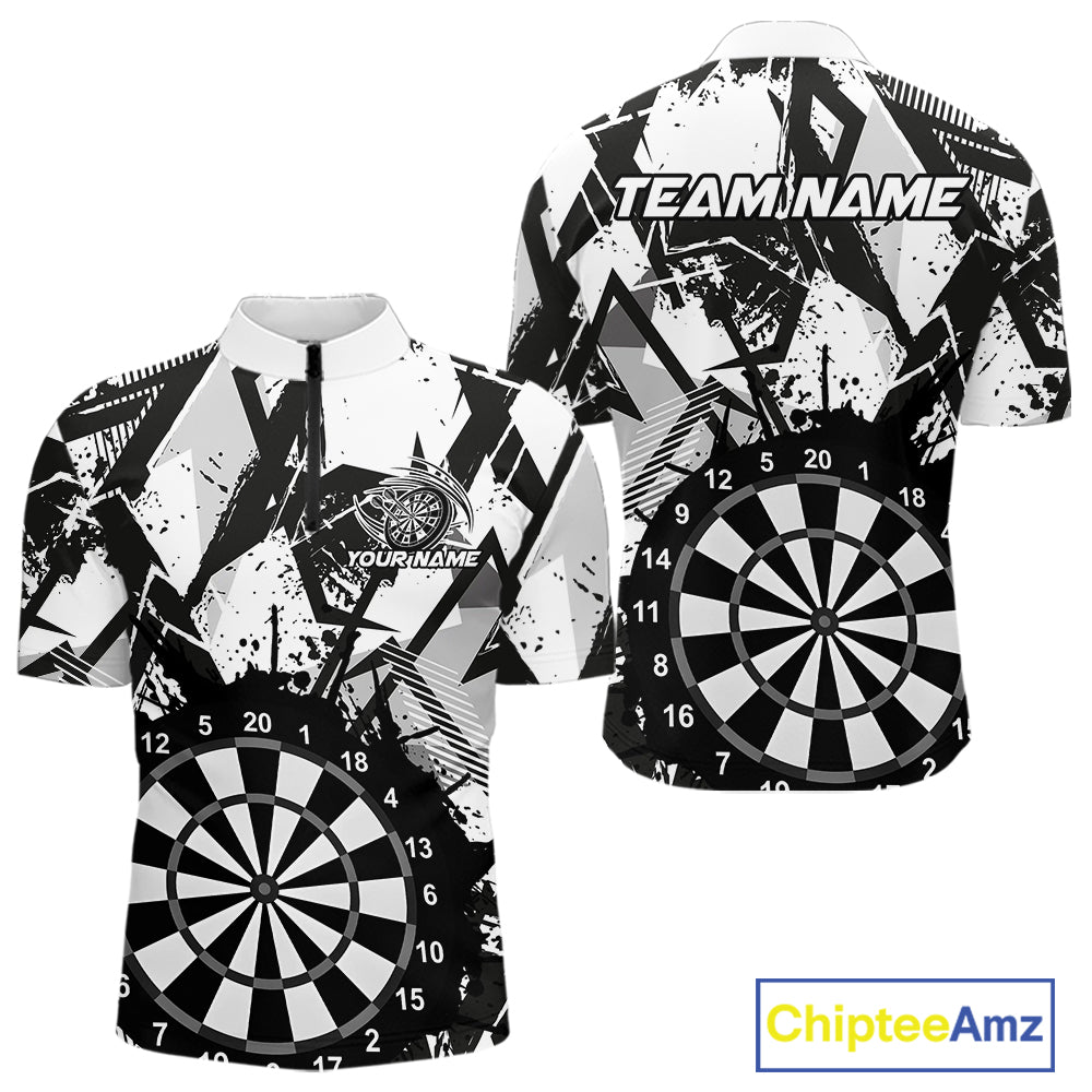 Custom Grunge Splatter Black And White Dartboard Dart Team Men Quarter-Zip Shirts, Dart Jerseys IPHW9970