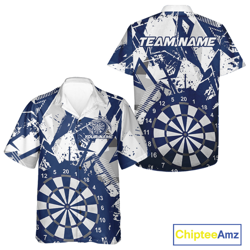 Custom Grunge Splatter Blue And White Dartboard Dart Team Men And Women Hawaiian Shirts, Dart Jerseys IPHW9971