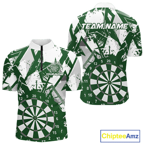 Custom Grunge Splatter Green And White Dartboard Dart Team Men Quarter-Zip Shirts, Dart Jerseys IPHW9972
