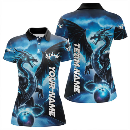 Custom Blue Thunder Lightning Dragon Bowling Polo Shirts For Women, Dragon Bowling Uniform IPHW8302