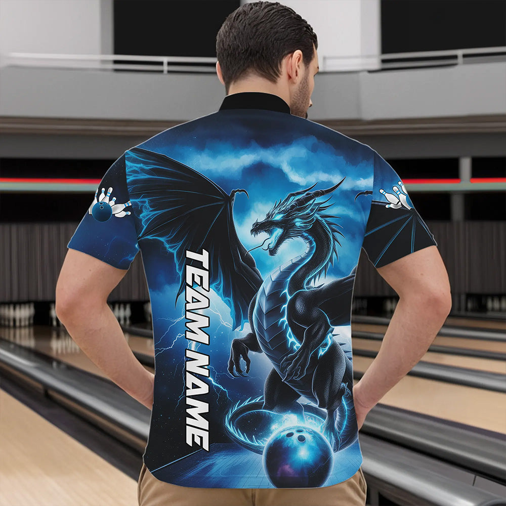 Custom Blue Thunder Lightning Dragon Bowling Quarter-Zip Shirts For Men, Dragon Bowling Uniform IPHW8302