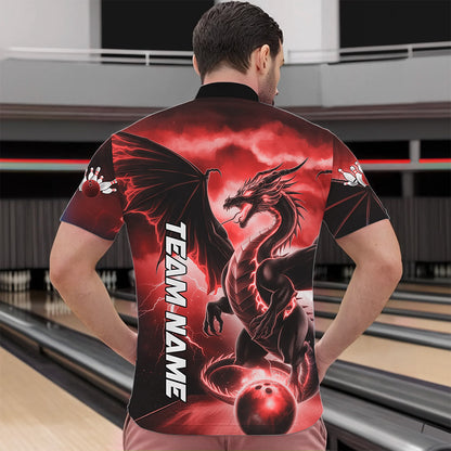Custom Red Thunder Lightning Dragon Bowling Quarter-Zip Shirts For Men, Dragon Bowling Uniform IPHW8303