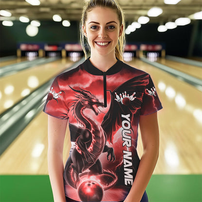 Custom Red Thunder Lightning Dragon Bowling Quarter-Zip Shirts For Women Bowling Uniform IPHW8303