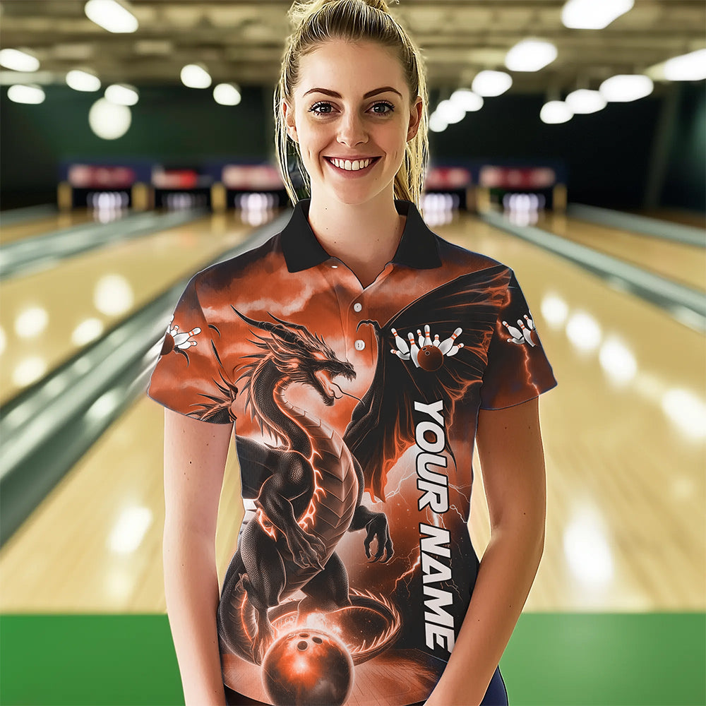 Custom Orange Thunder Lightning Dragon Bowling Polo Shirts For Men, Dragon Bowling Uniform IPHW8304