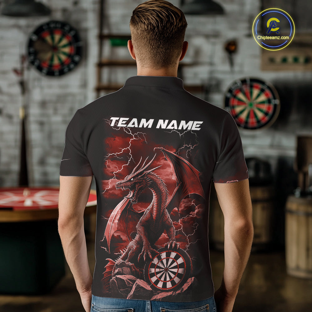 Custom Red Lightning Dragon Darts Men Polo Shirts, Dragon Darts Team Jersey IPHW10384