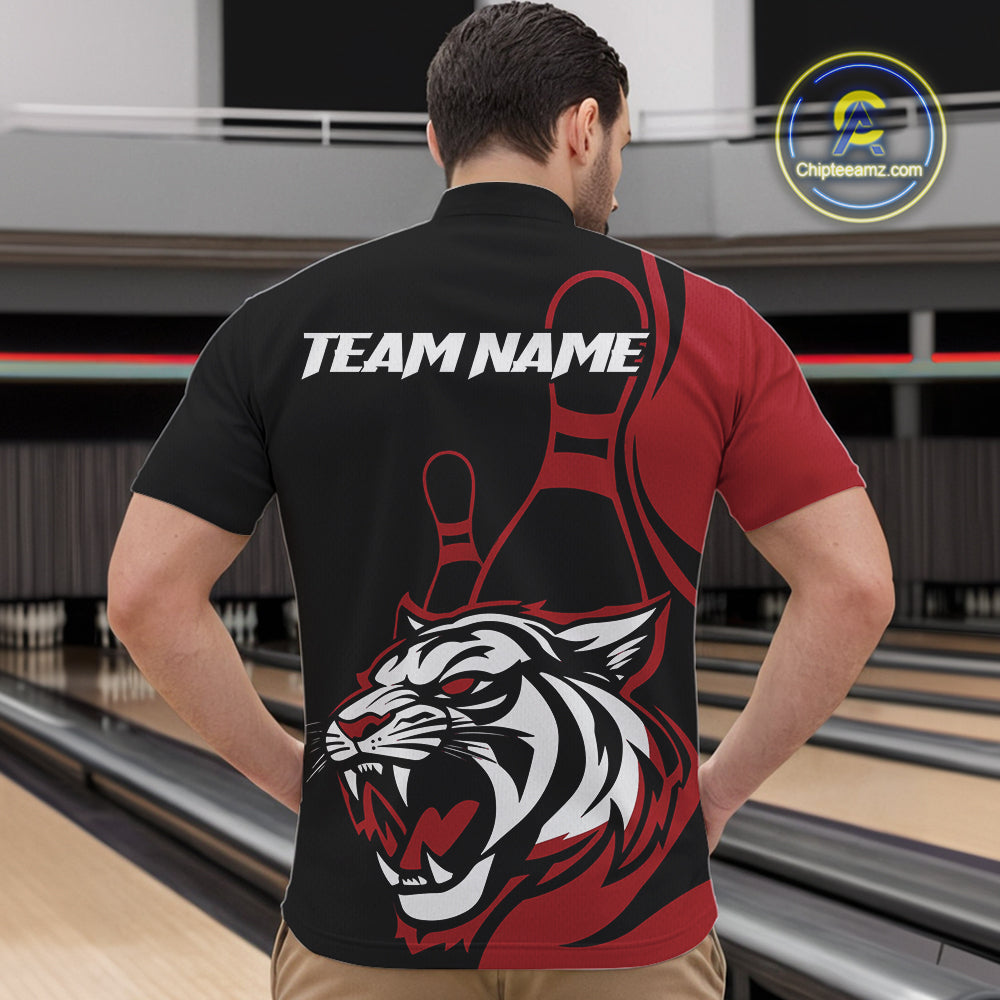 Custom Black And Red Tiger Bowling Jerseys, Tiger Bowling Team Men Quarter-Zip Shirts IPHW9014