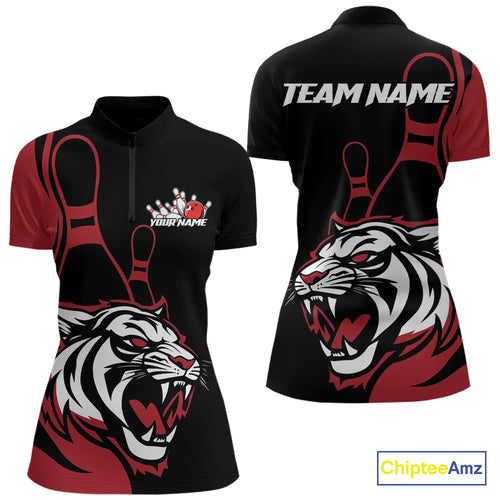 Custom Black And Red Tiger Bowling Jerseys, Tiger Bowling Team Women Quarter-Zip Shirts IPHW9014