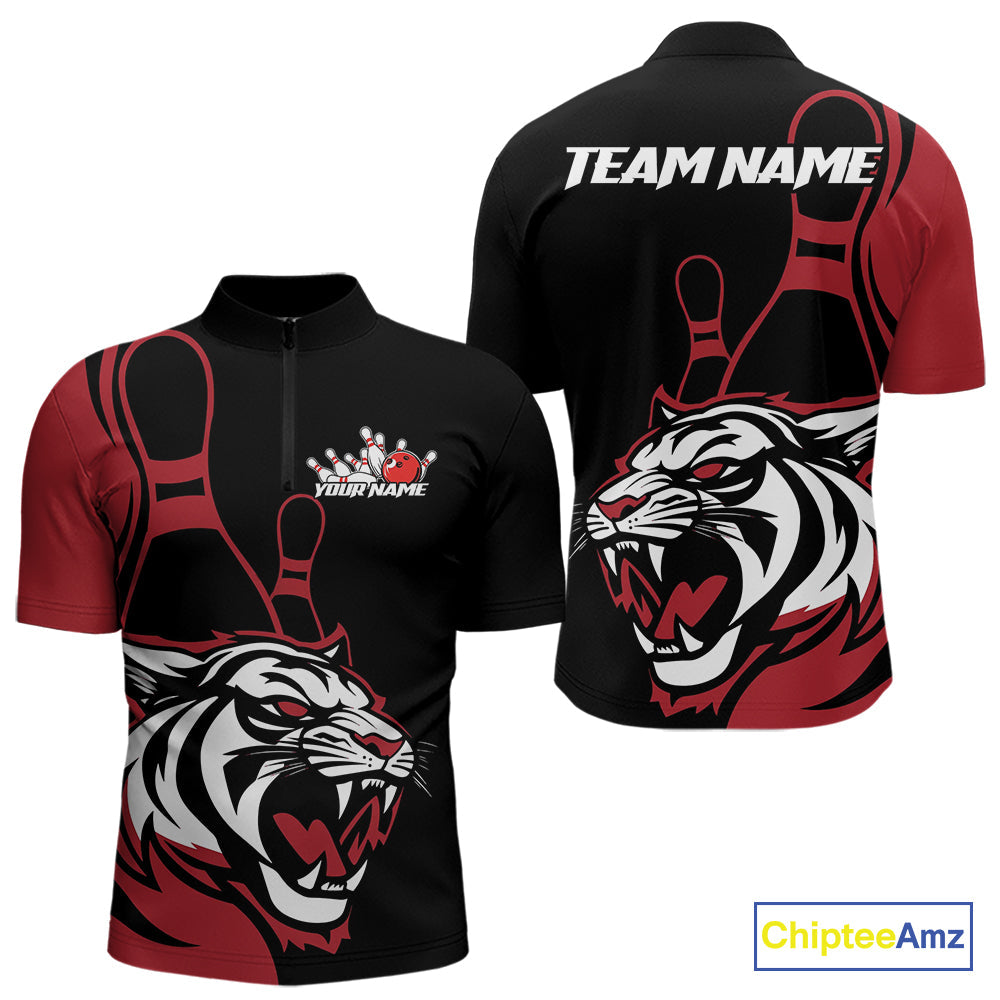 Custom Black And Red Tiger Bowling Jerseys, Tiger Bowling Team Men Quarter-Zip Shirts IPHW9014
