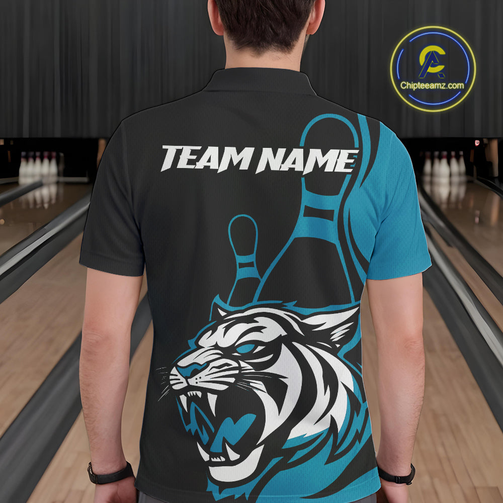 Custom Black And Cool Blue Tiger Bowling Jerseys, Tiger Bowling Team Men Polo Shirts IPHW9016
