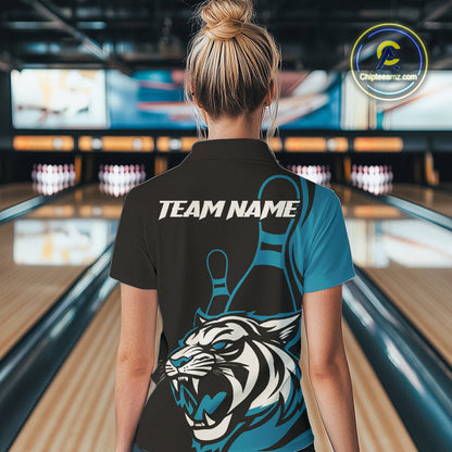 Custom Black And Cool Blue Tiger Bowling Jerseys, Tiger Bowling Team Women Polo Shirts IPHW9016