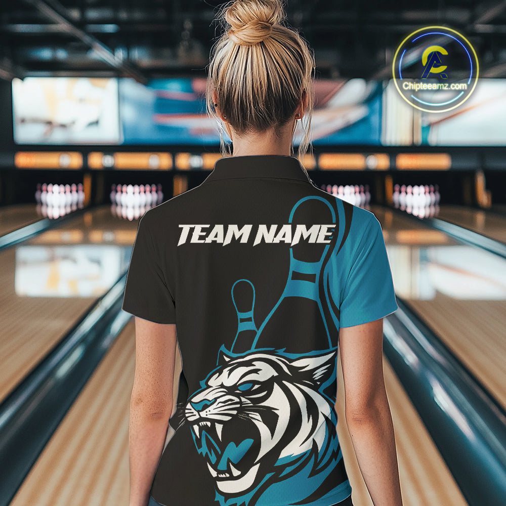 Custom Black And Cool Blue Tiger Bowling Jersey Bowling Team Women Quarter-Zip Shirt IPHW9016