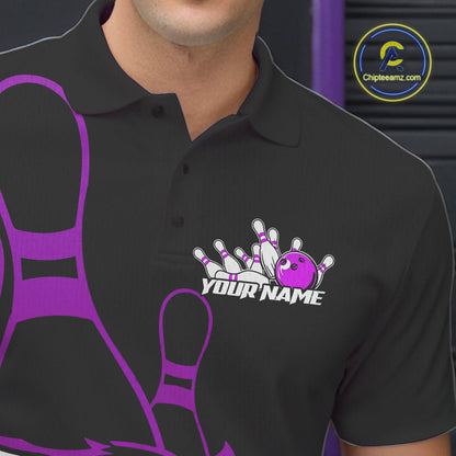 Custom Black And Purple Tiger Bowling Jerseys, Tiger Bowling Team Men Polo Shirts IPHW9017