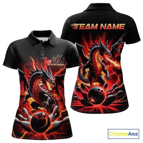 Custom Red Thunder Lightning Dragon Women Polo Shirts, Dragon Team Bowling League Shirt IPHW9024