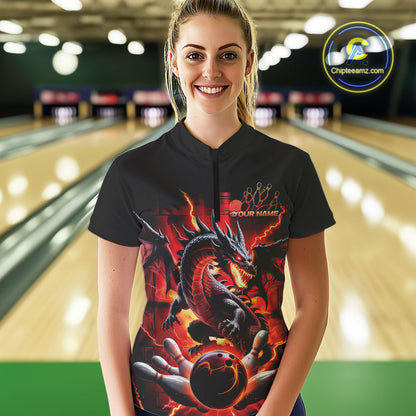 Custom Red Thunder Lightning Dragon Women Quarter-Zip Shirts, Dragon Bowling League Shirt IPHW9024