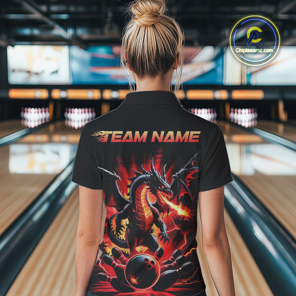 Custom Red Thunder Lightning Dragon Women Quarter-Zip Shirts, Dragon Bowling League Shirt IPHW9024