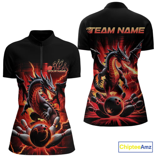 Custom Red Thunder Lightning Dragon Women Quarter-Zip Shirts, Dragon Bowling League Shirt IPHW9024
