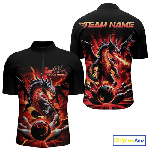 Custom Red Thunder Lightning Dragon Men Quarter-Zip Shirts, Dragon Team Bowling League Shirt IPHW9024