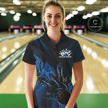 Load image into Gallery viewer, Custom Black And Blue Flame Bowling Polo Shirt For Women, Bowling Team Tournament Jersey IPHW11181