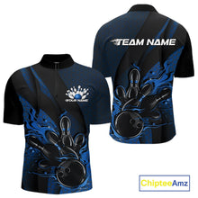 Load image into Gallery viewer, Custom Black And Blue Flame Bowling Quarter-Zip Shirt For Men, Bowling Team Tournament Jersey IPHW11181