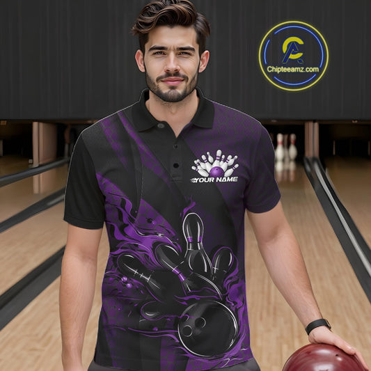 Male model wearing a black and purple bowling polo shirt at a bowling lane with fiery bowling strike artwork and geometric styling.