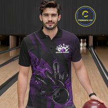 Load image into Gallery viewer, Custom Black And Purple Flame Bowling Polo Shirt For Men, Bowling Team Tournament Jersey IPHW11182