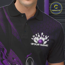 Load image into Gallery viewer, Custom Black And Purple Flame Bowling Polo Shirt For Men, Bowling Team Tournament Jersey IPHW11182