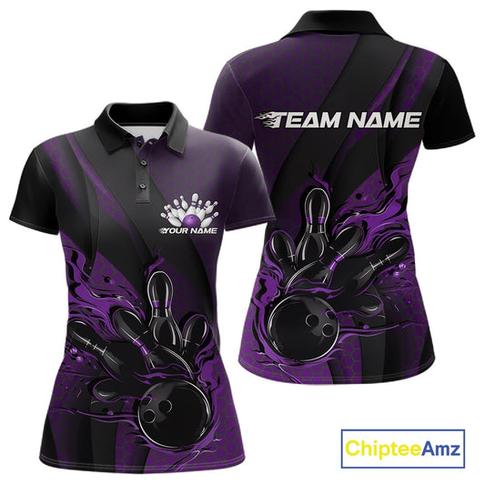 Front and back view of a black and purple women’s bowling polo shirt showcasing a flaming bowling ball striking pins with hexagon motifs and diagonal stripes.