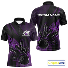 Load image into Gallery viewer, Custom Black And Purple Flame Bowling Polo Shirt For Men, Bowling Team Tournament Jersey IPHW11182