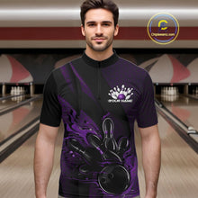 Load image into Gallery viewer, Custom Black And Purple Flame Bowling Quarter-Zip Shirt For Men, Bowling Team Tournament Jersey IPHW11182