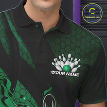 Load image into Gallery viewer, Custom Black And Green Flame Bowling Polo Shirt For Men, Bowling Team Tournament Jersey IPHW11184