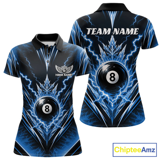 Custom Blue Icy Thunder Lightning 8 Ball Billiards Women Polo Shirt, Pool League Shirt IPHW11768