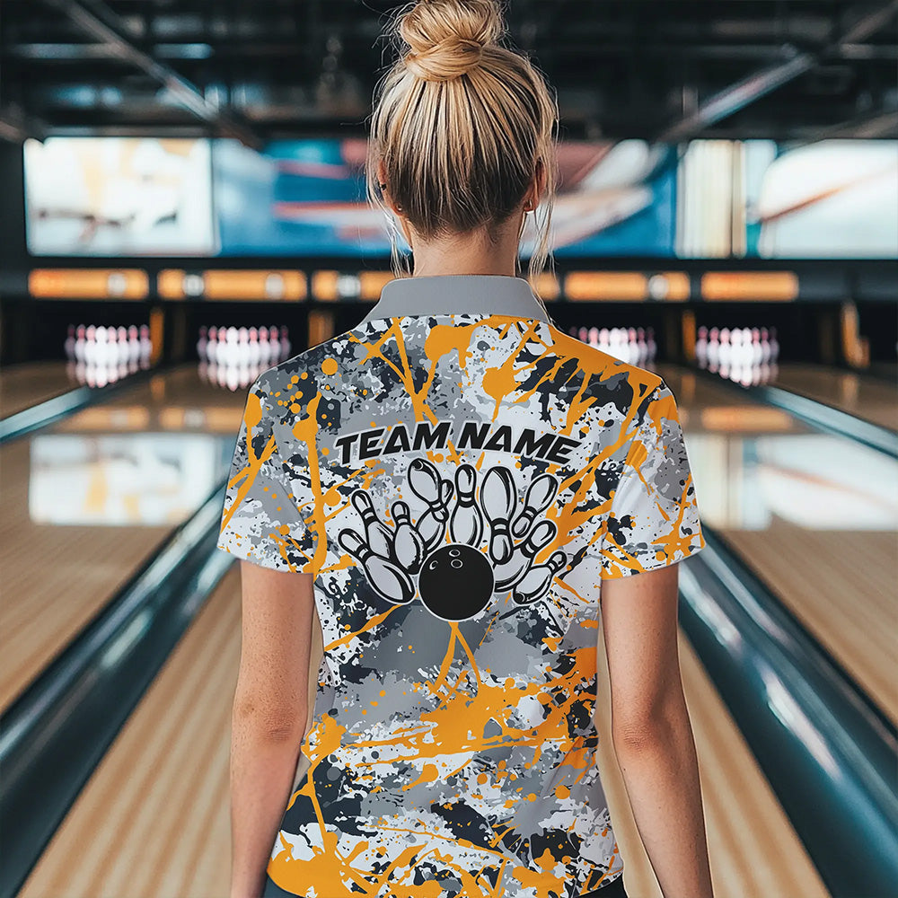Custom Yellow Splatter Bowling Team Polo Shirts For Women, Bowling Tournament Shirts IPHW8308