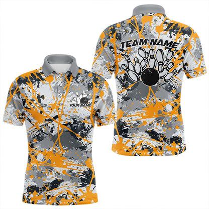 Custom Yellow Splatter Bowling Team Polo Shirts For Men, Bowling Tournament Shirts IPHW8308