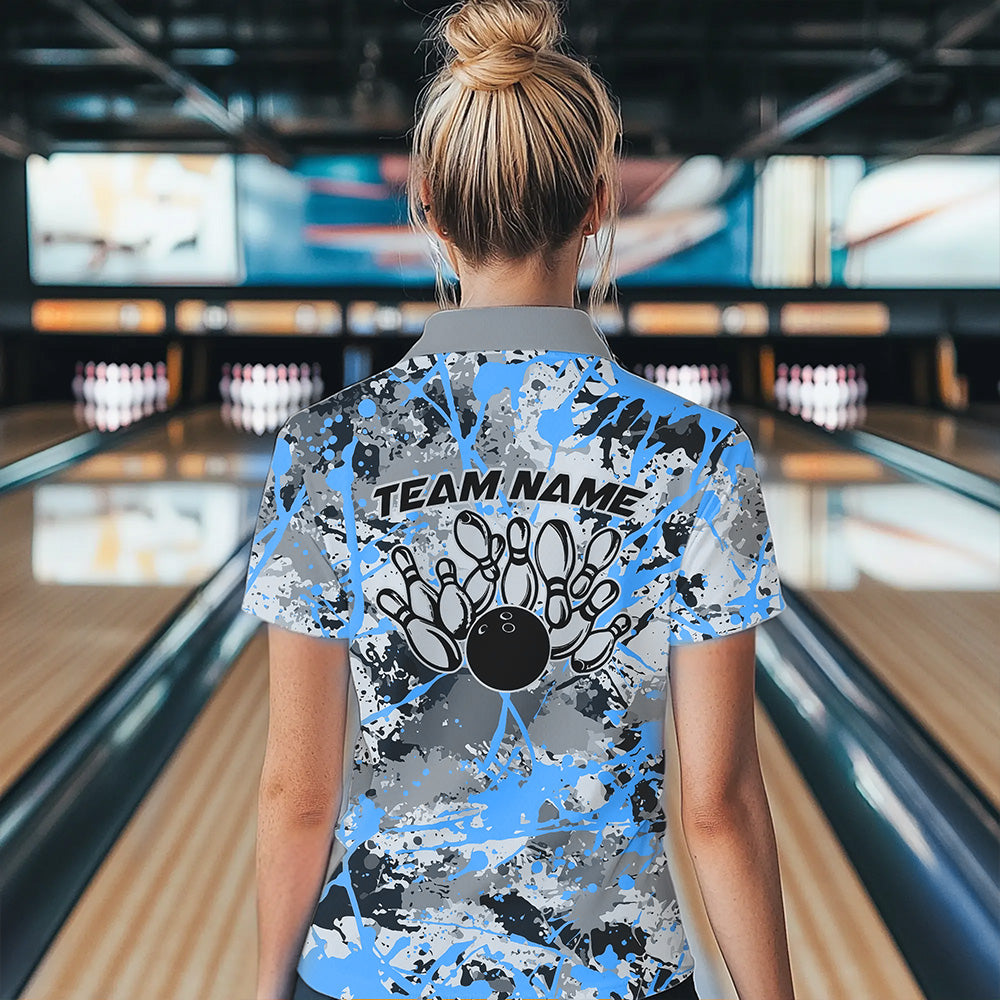 Custom Blue Splatter Bowling Team Polo Shirts For Women, Bowling Tournament Shirts IPHW8311