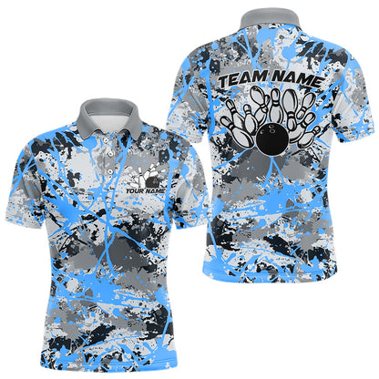 Custom Blue Splatter Bowling Team Polo Shirts For Men, Bowling Tournament Shirts IPHW8311