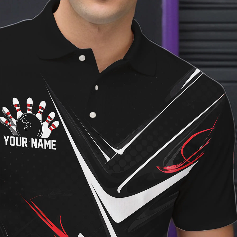 Custom Black And Red Flame Bowling Polo Shirts For Men, Fire Bowling Team Uniform IPHW8316