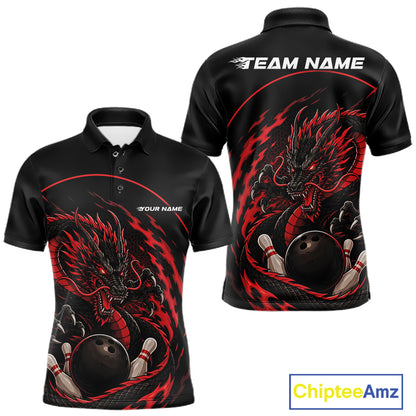Front and back views of a red custom men's bowling polo shirt featuring an aggressive dragon with flames in a dynamic and energetic design.