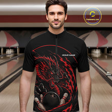 Load image into Gallery viewer, Front view of a male model in a bowling alley wearing a red custom quarter-zip bowling shirt featuring an aggressive dragon with flames in a dynamic and energetic design.
