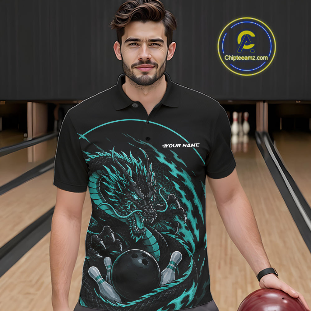 Front view of a male model in a bowling alley wearing a blue custom bowling polo shirt featuring an aggressive dragon with flames in a dynamic and energetic design.