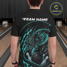 Load image into Gallery viewer, Back view of a male model in a bowling alley wearing a blue custom bowling polo shirt featuring an aggressive dragon with flames in a dynamic and energetic design.