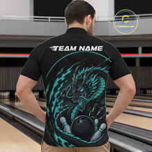 Load image into Gallery viewer, Back view of a male model in a bowling alley wearing a blue custom quarter-zip bowling shirt featuring an aggressive dragon with flames in a dynamic and energetic design.
