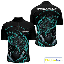 Load image into Gallery viewer, Front and back views of a blue custom quarter-zip bowling shirt featuring an aggressive dragon with flames in a dynamic and energetic design.