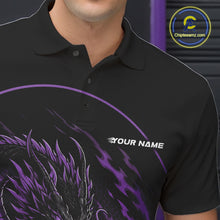 Load image into Gallery viewer, Close-up front view of the left chest area on a purple custom bowling polo shirt featuring an aggressive dragon with flames in a dynamic and energetic design.