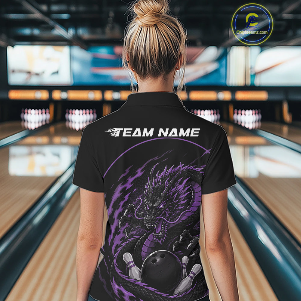 Back view of a female model in a bowling alley wearing a purple custom quarter-zip bowling shirt featuring an aggressive dragon with flames in a dynamic and energetic design.