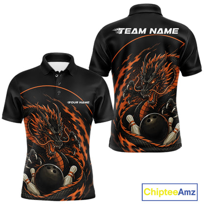 Front and back views of an orange custom men's bowling polo shirt featuring an aggressive dragon with flames in a dynamic and energetic design.
