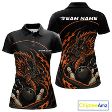 Load image into Gallery viewer, Front and back views of an orange custom women's bowling polo shirt featuring an aggressive dragon with flames in a dynamic and energetic design.
