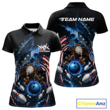 Load image into Gallery viewer, Front and back women’s polo shirt mockup featuring a bald eagle gripping a blue bowling ball with flying pins and American flag artwork.